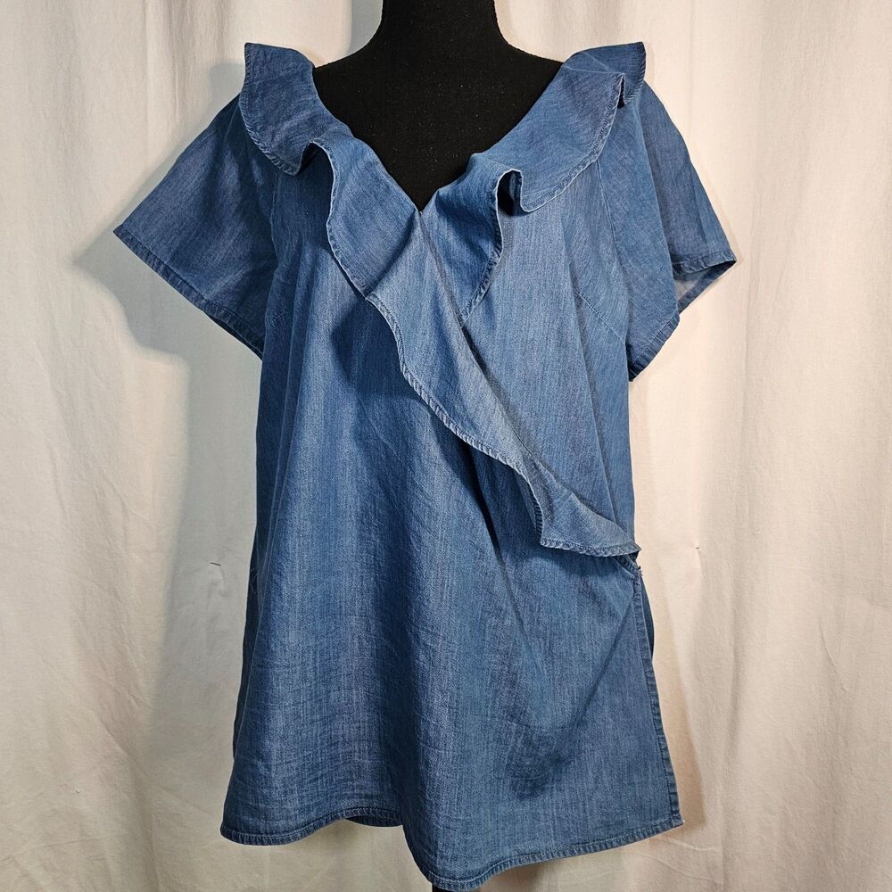 St John's Bay Blue Denim Wrap Shirt Top with Ruffle 100% Cotton sz XL